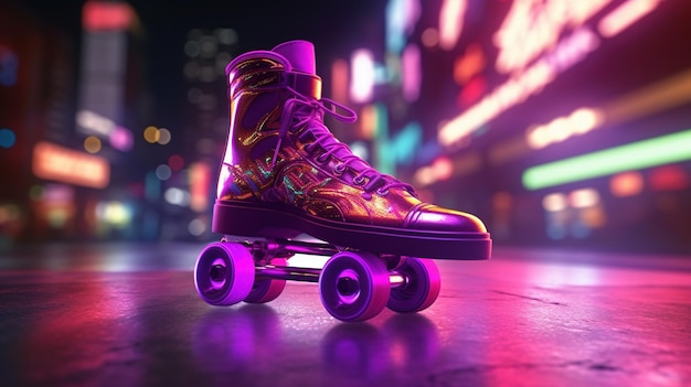 Skateboard à roulettes dans le style cyberpunk disco nostalgique des années 80 90 lumières de nuit au néon