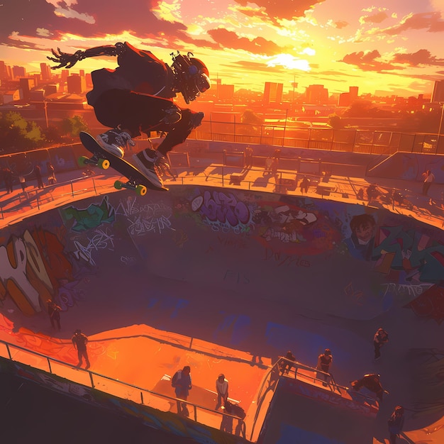 Le skateboard urbain au coucher du soleil