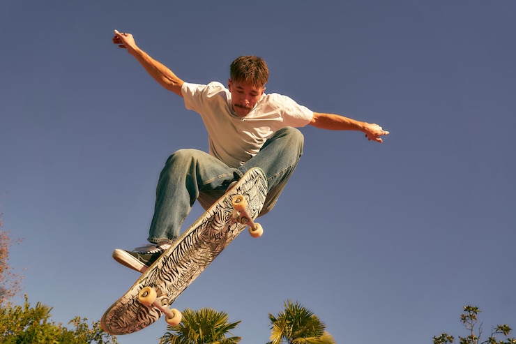 Photo skateboarder actif sautant et effectuant un tour dans une rampe d'un parc de skate