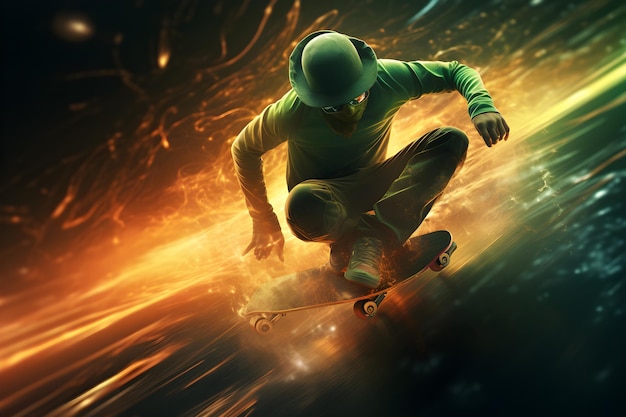 Photo skateboarder en action mouvement abstrait futuriste flou éclairage arrière-plan ai générer