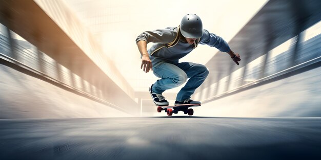 skateboarder en action mouvement sur la route ai générer