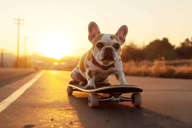 Un skateur bouledogue chien fait du skateboard en été sur la route au coucher du soleil Generative AI