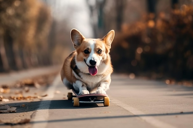 Skateur de chien mignon drôle monte une planche à roulettes en été sur la route de la ville Generative AI