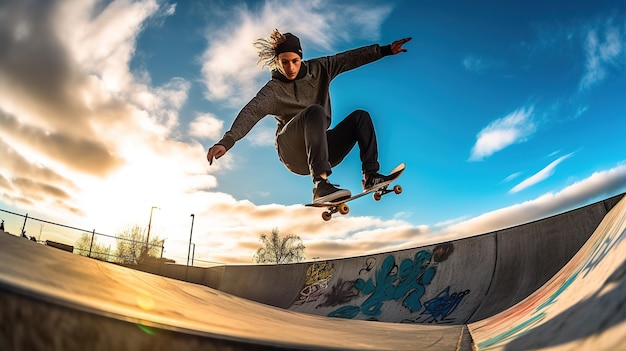 Un skateur est en l'air sur une rampe.