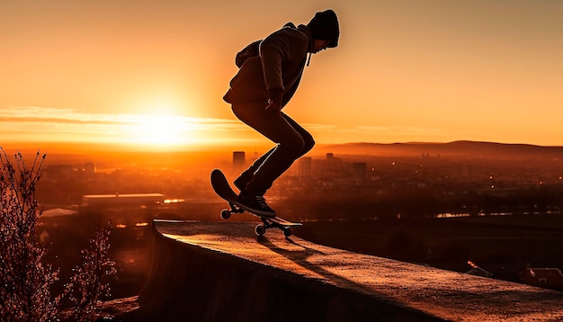 Un skateur s'apprête à faire un tour sur une corniche au coucher du soleil.