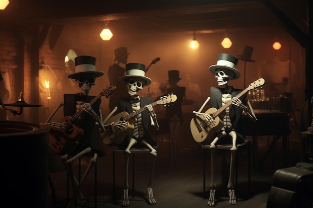 Skeleton Jazz Band Skeletons jouant du jazz dans un spo 00576 03