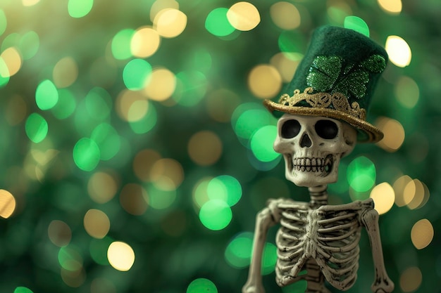 Skeleton porte un chapeau de la Saint-Patrick sur un fond bokeh