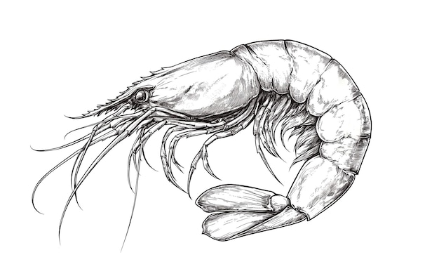Sketch de crevettes de fruits de mer à l'impression rétro vintage noir et blanc