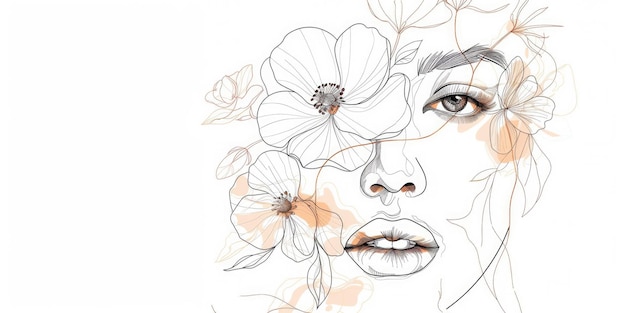 Photo sketch du visage d'une femme avec de belles fleurs avec une bannière avec un espace de copie