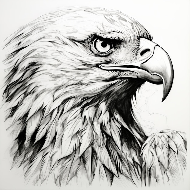 Sketch hyperréaliste de la tête d'aigle en noir et blanc