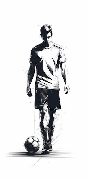 Sketch minimaliste en noir et blanc d'un joueur de football avec un ballon