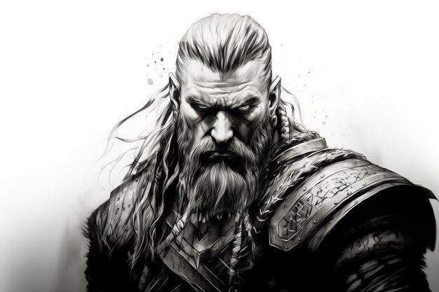 Sketch noir et blanc au crayon Portrait d'un féroce guerrier viking berserker scandinave