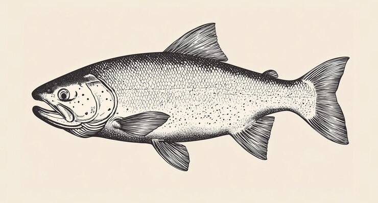 Photo sketch de poisson truite de saumon vintage rétro imprimé noir blanc truite de salmon dessin de poisson
