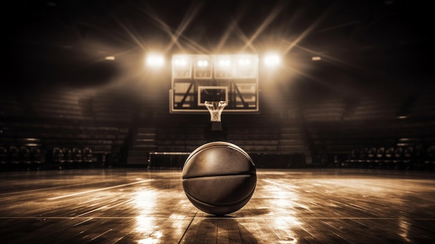 Sketch sépiatoné vintage d'un vieux basket-ball en cuir reposant sur un cerceau de bois dans un gymnase vide et faiblement éclairé.