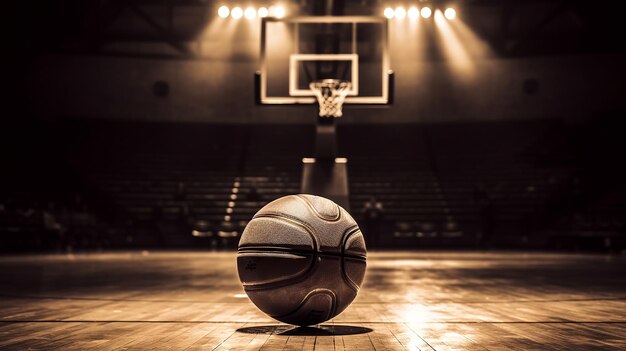 Photo sketch sépiatoné vintage d'un vieux basket-ball en cuir reposant sur un cerceau de bois dans un gymnase vide et faiblement éclairé.