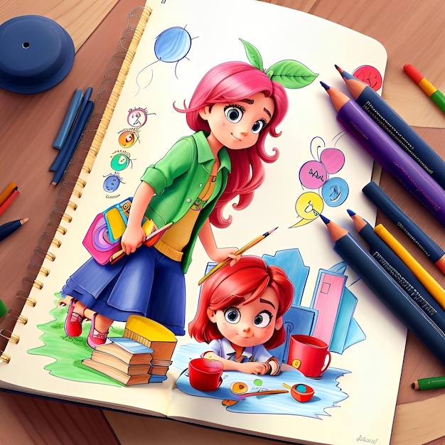 Sketchbook et crayon chefs-d'œuvre colorés style d'animation 3D