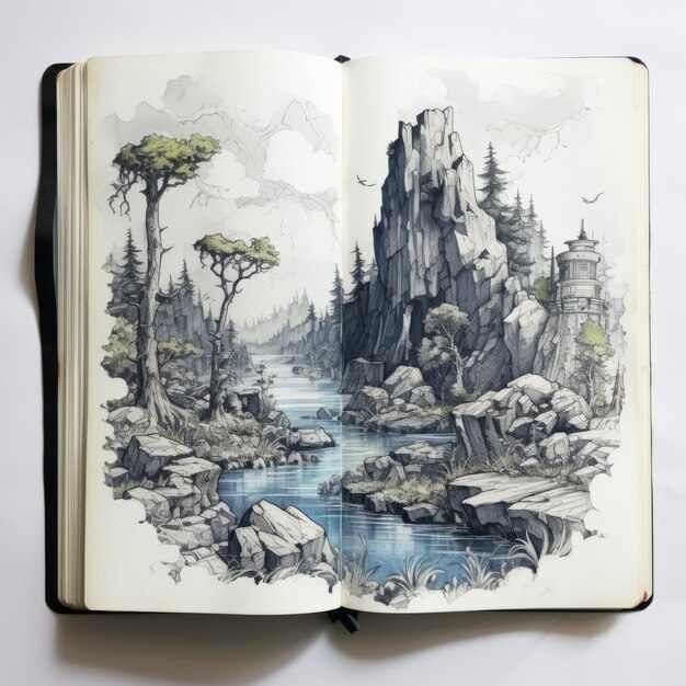 Sketchbook de fantaisie épique paysages détaillés et illustrations de personnages hyperréalistes