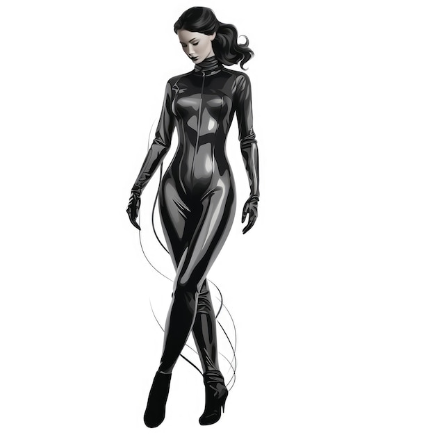 SketchStyle graphique vectoriel minimaliste Femme en costume de chat en latex liquide à l'échelle grise