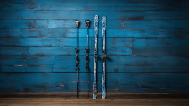 Ski bleu historique avec bâtons sur mur en bois