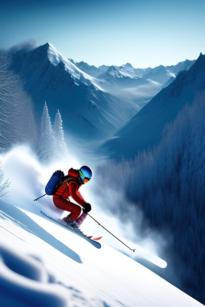 Ski d'hiver extrême Skier dans les montagnes Art numérique