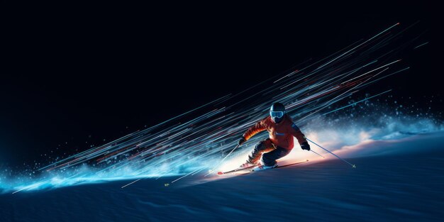 Photo ski de nuit avec des lumières au néon slalom risqué au milieu de la montagne enneigée sport hivernal risqué