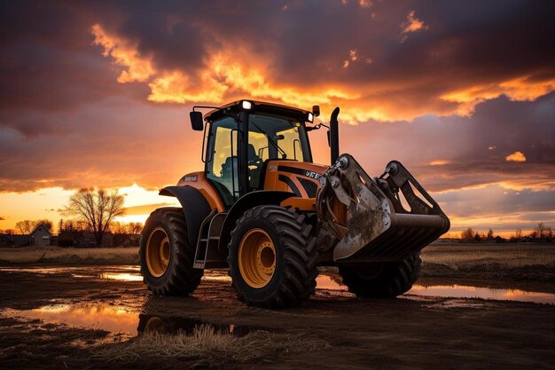 Photo skid steer garé au coucher du soleil avec un ciel spectaculaire en arrière-plan