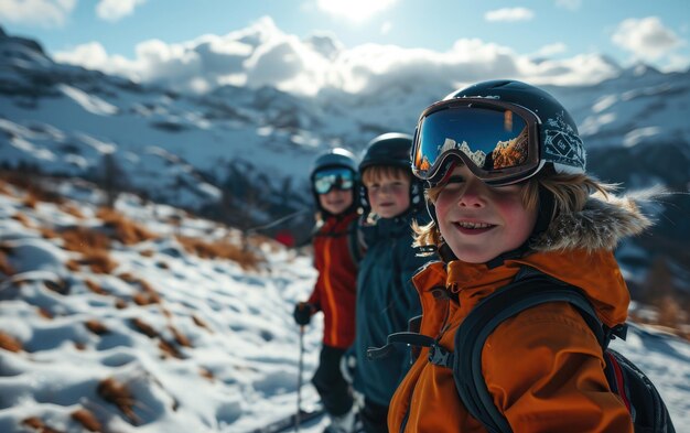 skier garçon avec des amis avec des lunettes de ski et un casque de ski sur la montagne de neige