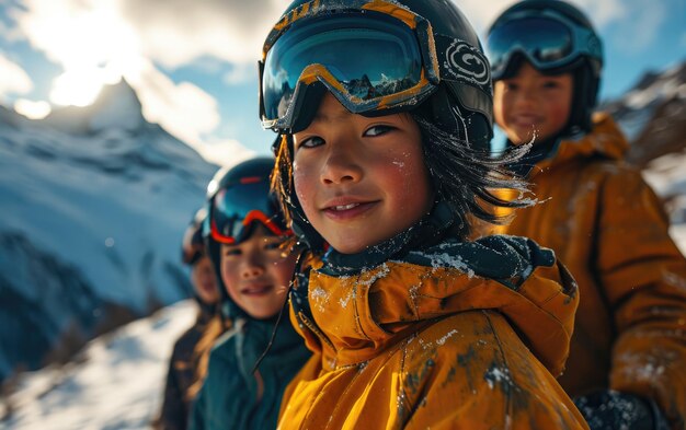 skier garçon avec des amis avec des lunettes de ski et un casque de ski sur la montagne de neige