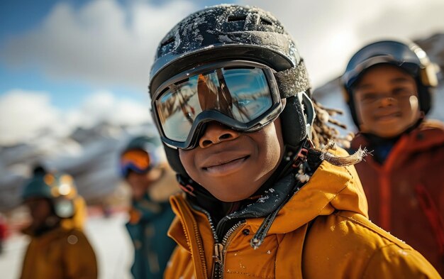 Photo skier garçon avec des amis avec des lunettes de ski et un casque de ski sur la montagne de neige