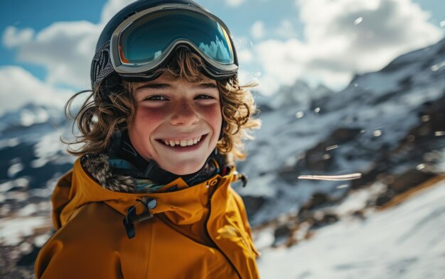 skier garçon avec des lunettes de ski et un casque de ski sur la montagne enneigée