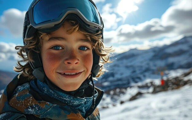 Photo skier garçon avec des lunettes de ski et un casque de ski sur la montagne enneigée