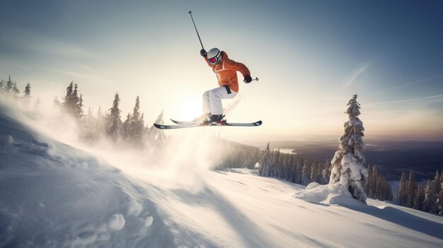 Skier en sautant sur le fond d'une montagne enneigée descend dans les rayons du soleil Vacances hivernales actives