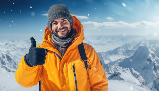 Le skieur alpiniste montre un pouce levé au sommet d'une montagne