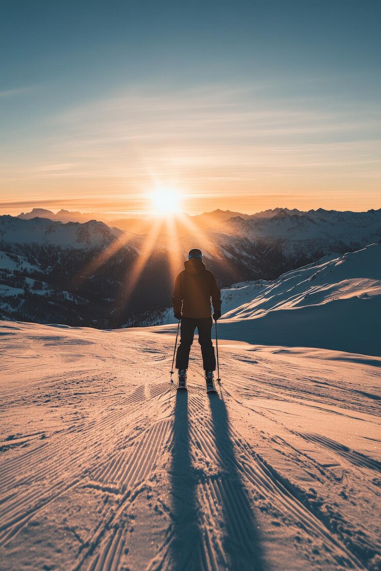 Un skieur au lever du soleil sur le sommet d'une montagne enneigée