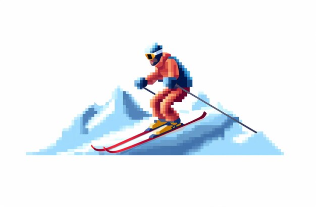 un skieur dans un style pixel en train de skier sur une pente de montagne