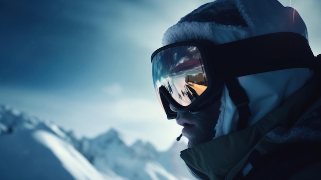 Skieur dans des verres gros plan arrière-plan des sommets de ski enneigés des montagnes Vacances d'hiver actives Maquette de bannière d'en-tête avec espace de copie Généré par l'IA