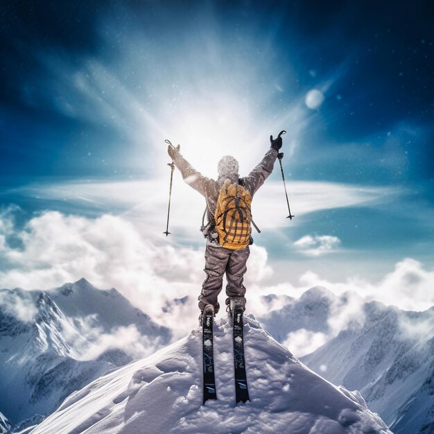 Photo un skieur debout au sommet d'une montagne ia générative