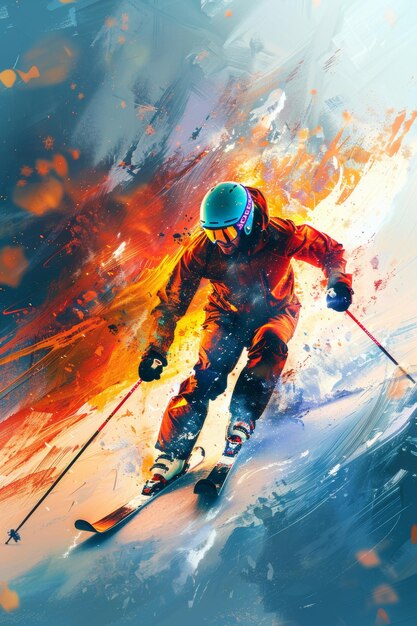 Photo un skieur descend une pente enneigée avec une explosion de lumières colorées mettant en évidence l'action