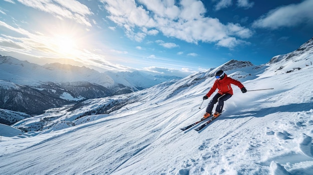 Photo un skieur descendant gracieusement sur une piste dans un paysage alpin à couper le souffle