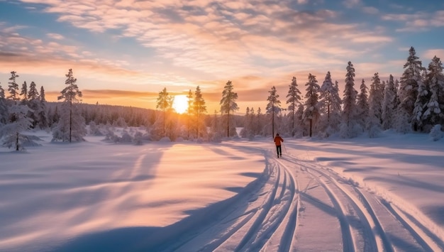 Un skieur est sur une piste enneigée devant un coucher de soleil