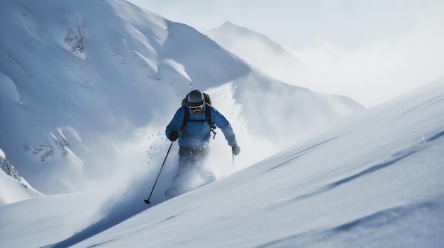 Le skieur sur fond de montagne enneigée dans les rayons du soleil descend rapidement généré par l'IA