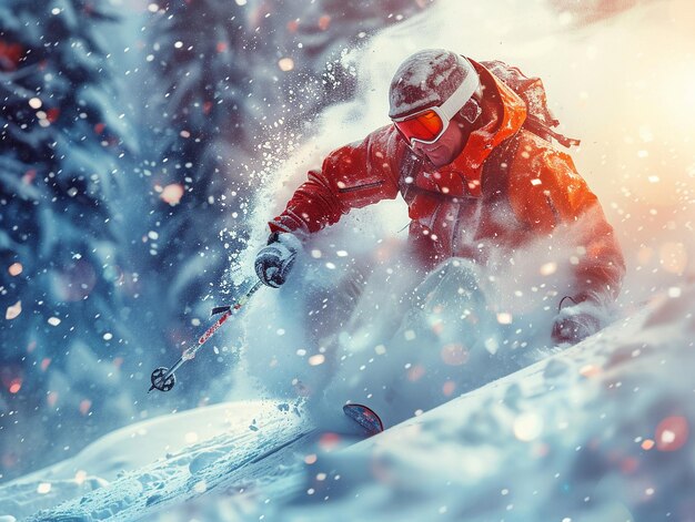 Un skieur glissant dans la neige fraîche