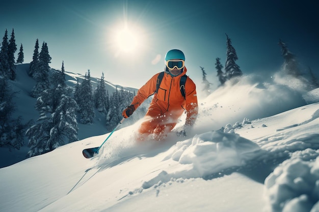 Un skieur sur une montagne enneigée avec le soleil qui brille en arrière-plan