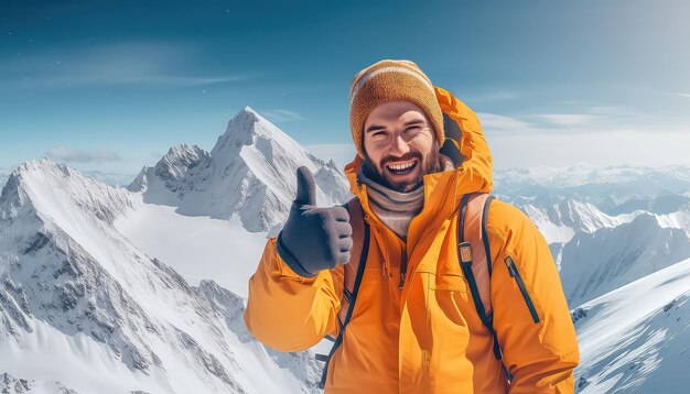 Un skieur de montagne montre un pouce en l'air au sommet d'une montagne