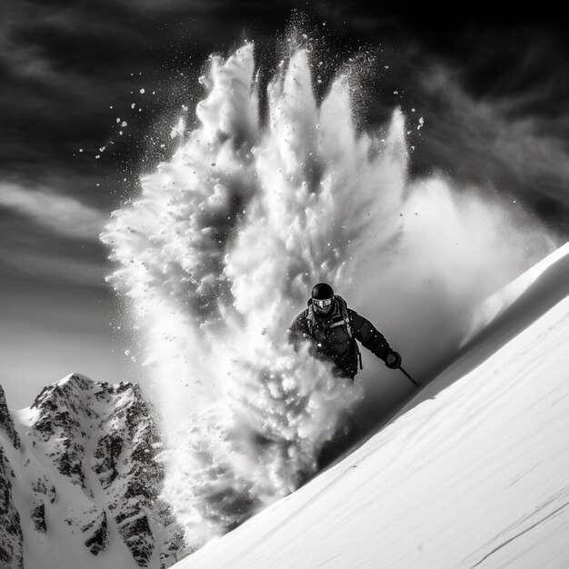 Photo skieur en photo noir et blanc descendant une montagne enneigée ai générative