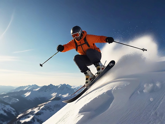 un skieur portant une veste orange est en train de skier sur une montagne enneigée