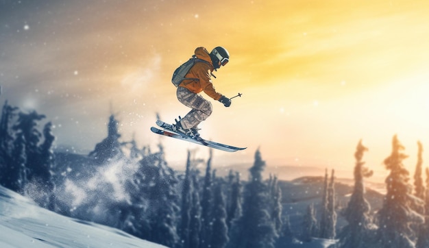Un skieur saute dans les airs avec un coucher de soleil en arrière-plan.
