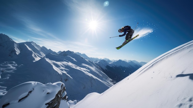 Un skieur saute d'une montagne enneigée.