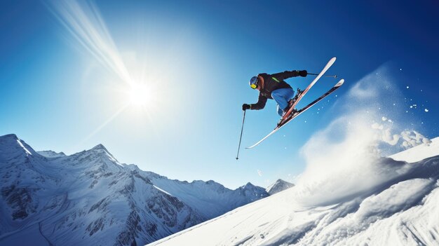 Un skieur saute d'une montagne avec le soleil qui brille sur la montagne derrière lui.