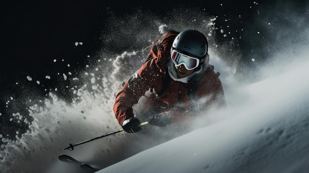 Un skieur skiant dans la neige avec un fond noir.